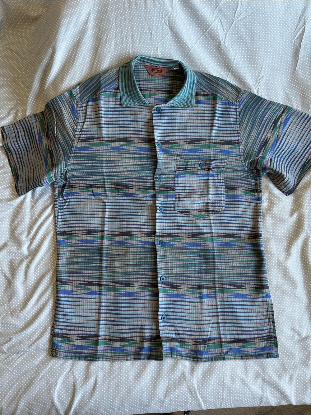 Vintage Men's Short Sleeve Button-Up Hawaii Shirt in Blue and Green by Missoni